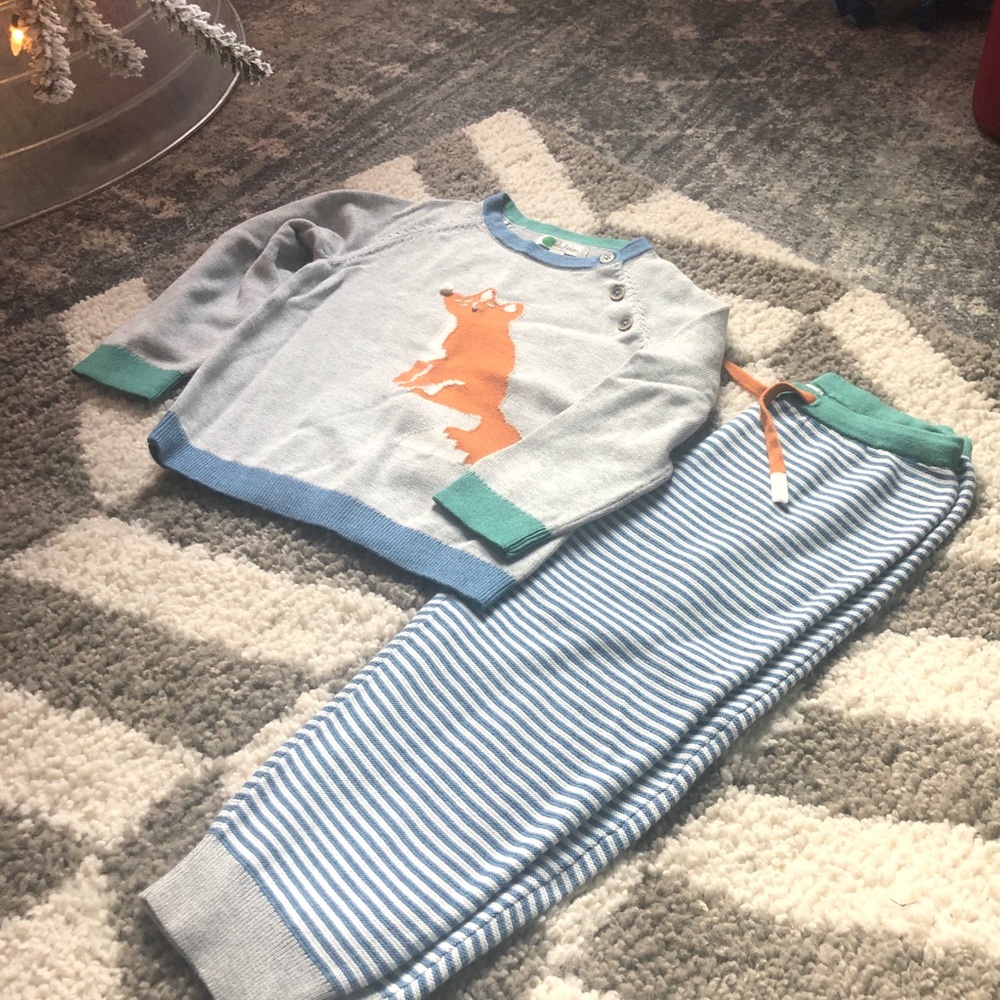 Mini Boden fox sweater and striped pants